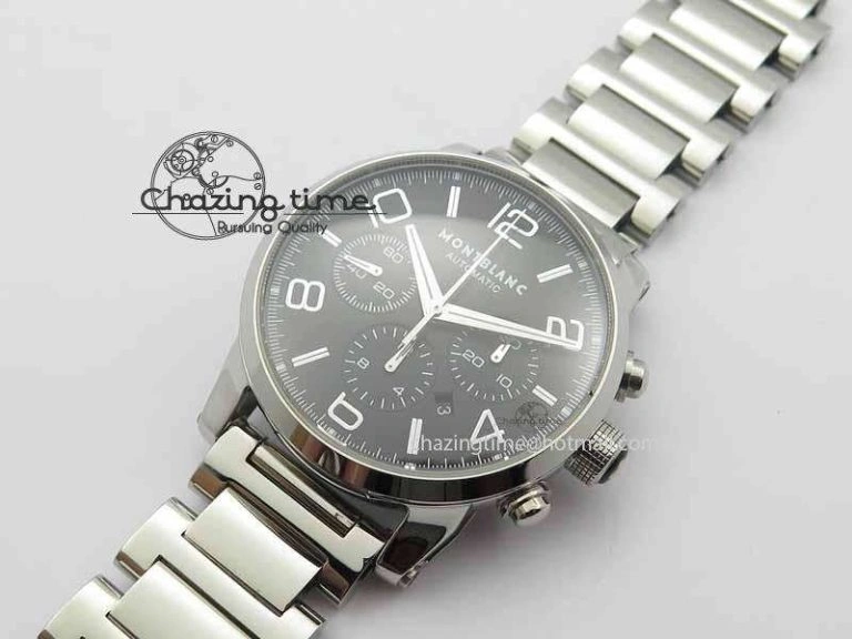 QuickDry Montblanc Timewalker Chrono SS Black Dial Silver Numerals On SS Bracelet A 7613