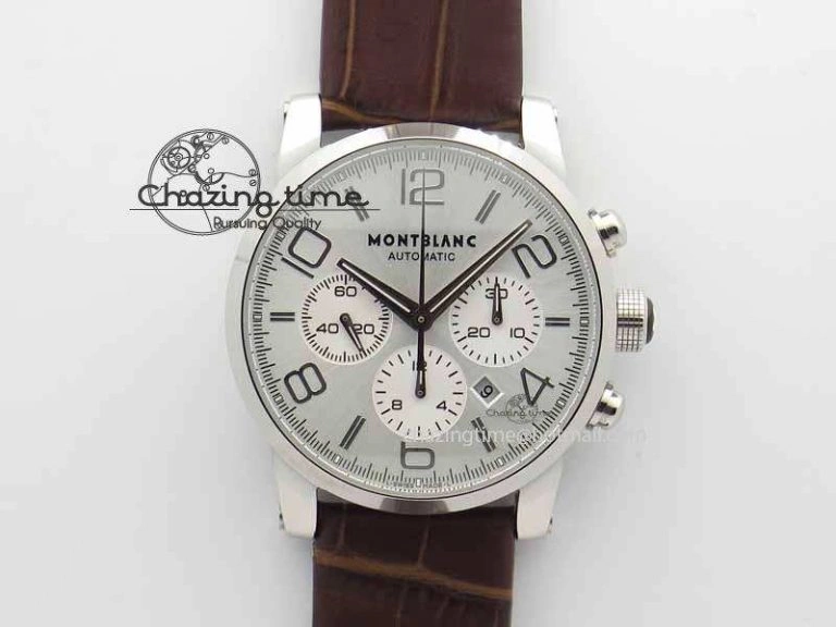 WellDesigned Montblanc Timewalker Chrono SS White Dial Silver Numerals On Leather Strap A 7620