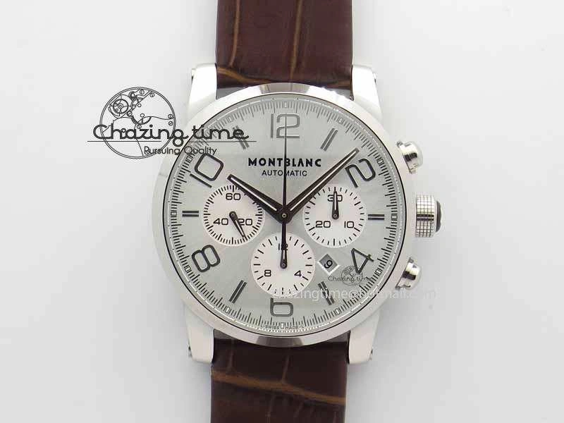 WellDesigned Montblanc Timewalker Chrono SS White Dial Silver Numerals On Leather Strap A 7620