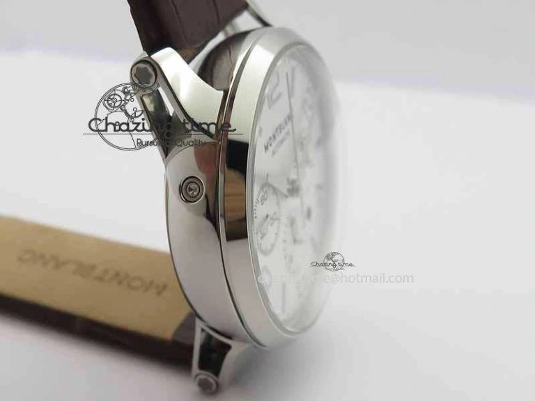 WellDesigned Montblanc Timewalker Chrono SS White Dial Silver Numerals On Leather Strap A 7620