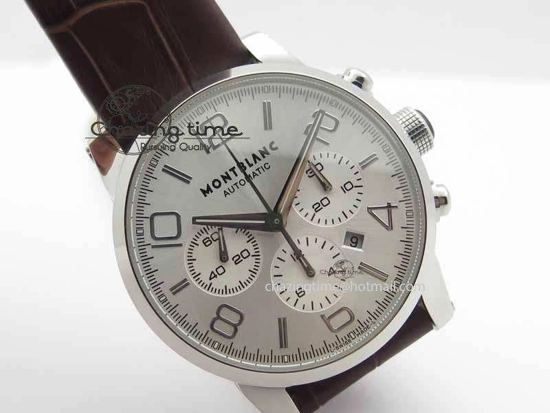 WellDesigned Montblanc Timewalker Chrono SS White Dial Silver Numerals On Leather Strap A 7620