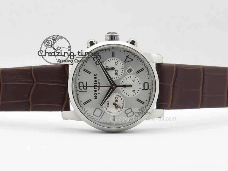 WellDesigned Montblanc Timewalker Chrono SS White Dial Silver Numerals On Leather Strap A 7620