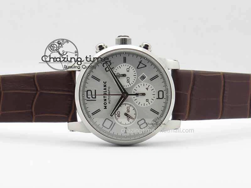WellDesigned Montblanc Timewalker Chrono SS White Dial Silver Numerals On Leather Strap A 7620