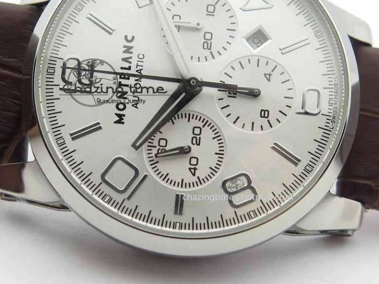 WellDesigned Montblanc Timewalker Chrono SS White Dial Silver Numerals On Leather Strap A 7620