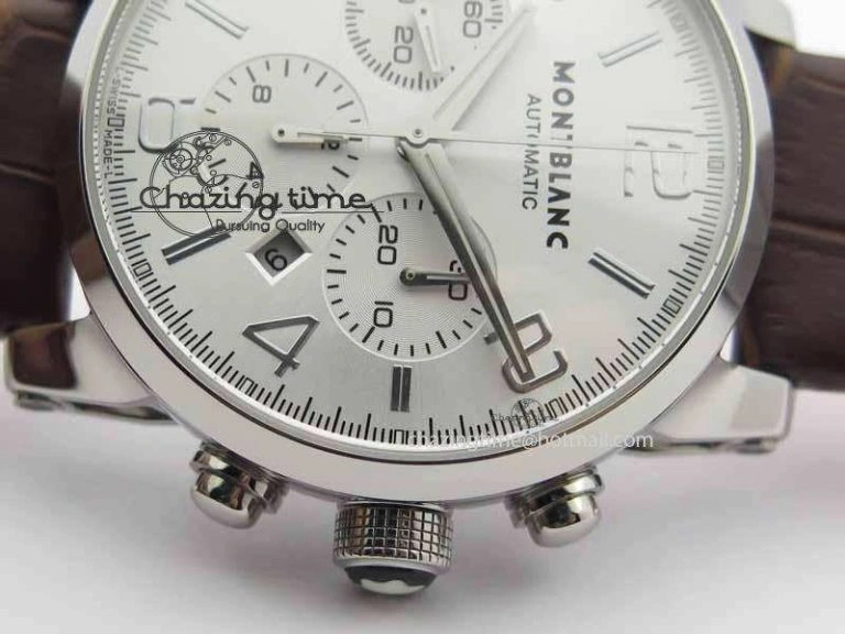 WellDesigned Montblanc Timewalker Chrono SS White Dial Silver Numerals On Leather Strap A 7620