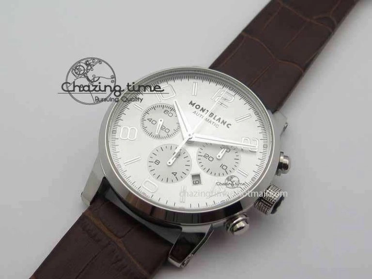WellDesigned Montblanc Timewalker Chrono SS White Dial Silver Numerals On Leather Strap A 7620