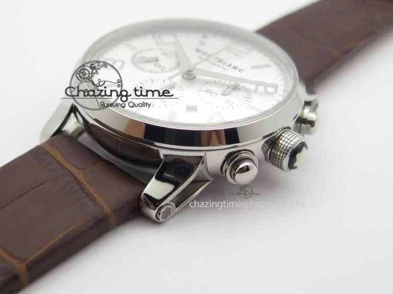 WellDesigned Montblanc Timewalker Chrono SS White Dial Silver Numerals On Leather Strap A 7620