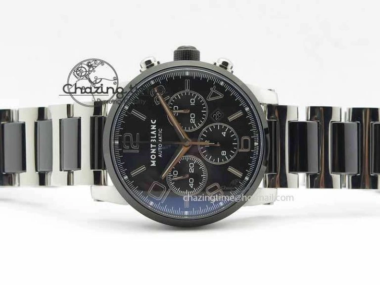 Soft Montblanc Timewalker GAF Chrono SS Ceramic Black Dial On SS Bracelet A 7628
