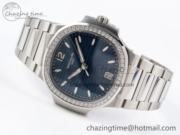TravelReady NAUTILUS 7118 LADIES SS PPF 1:1 BEST EDITION BLUE DIAL DIAMONDS BEZEL ON SS BRACELET 324CS 8770