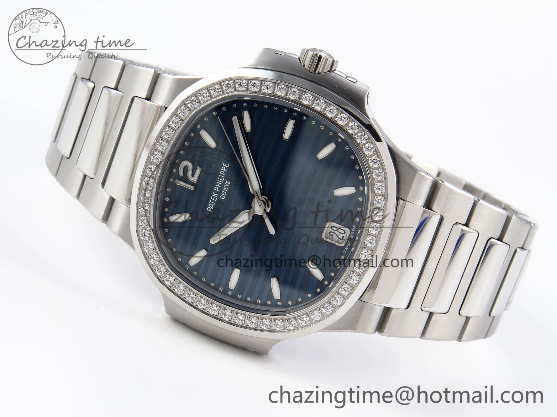 TravelReady NAUTILUS 7118 LADIES SS PPF 1:1 BEST EDITION BLUE DIAL DIAMONDS BEZEL ON SS BRACELET 324CS 8770