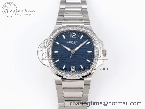 TravelReady NAUTILUS 7118 LADIES SS PPF 1:1 BEST EDITION BLUE DIAL DIAMONDS BEZEL ON SS BRACELET 324CS 8770