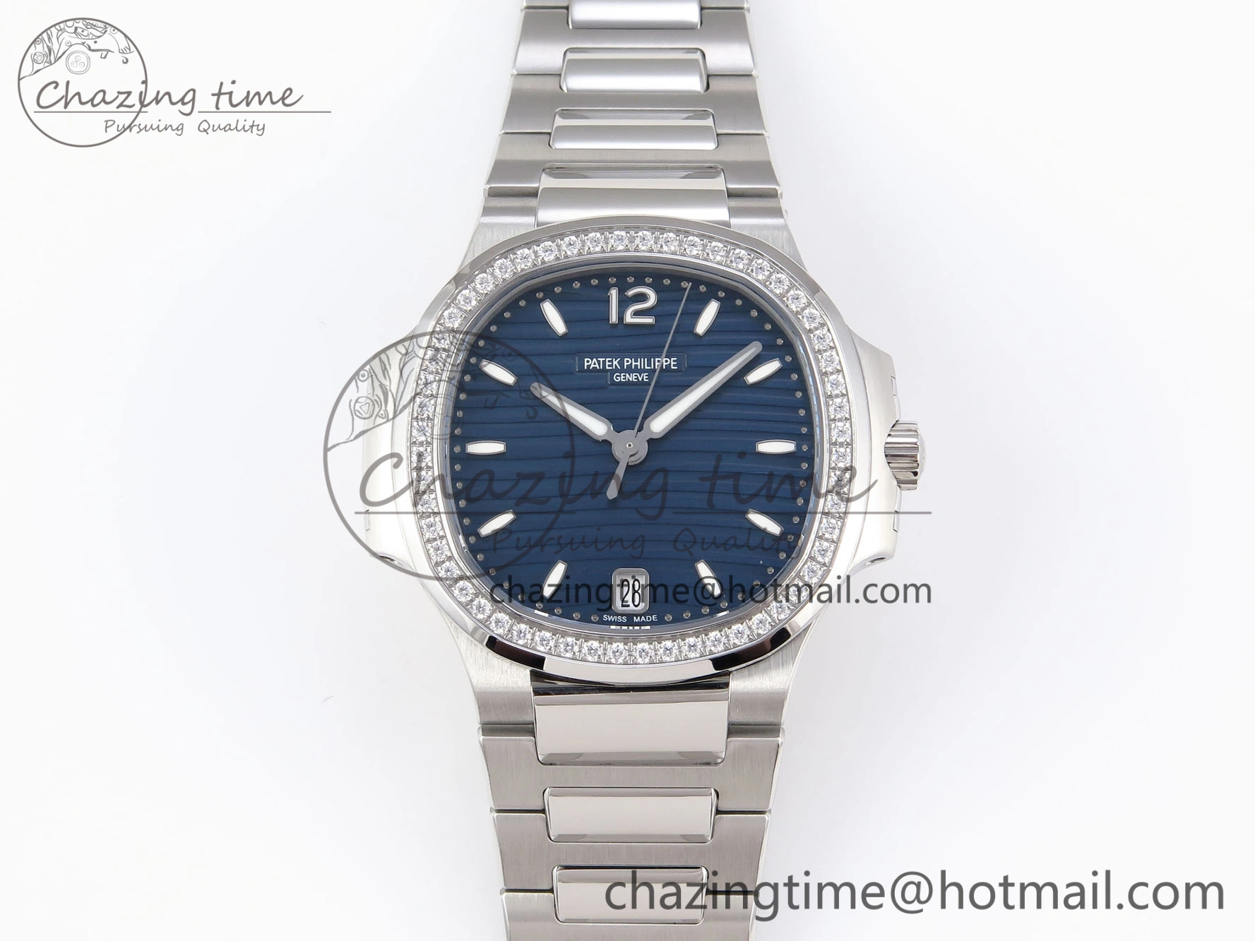 TravelReady NAUTILUS 7118 LADIES SS PPF 1:1 BEST EDITION BLUE DIAL DIAMONDS BEZEL ON SS BRACELET 324CS 8770