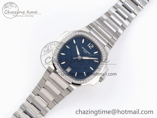 TravelReady NAUTILUS 7118 LADIES SS PPF 1:1 BEST EDITION BLUE DIAL DIAMONDS BEZEL ON SS BRACELET 324CS 8770