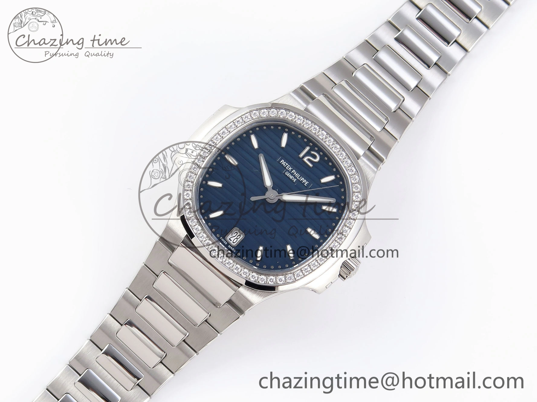 TravelReady NAUTILUS 7118 LADIES SS PPF 1:1 BEST EDITION BLUE DIAL DIAMONDS BEZEL ON SS BRACELET 324CS 8770