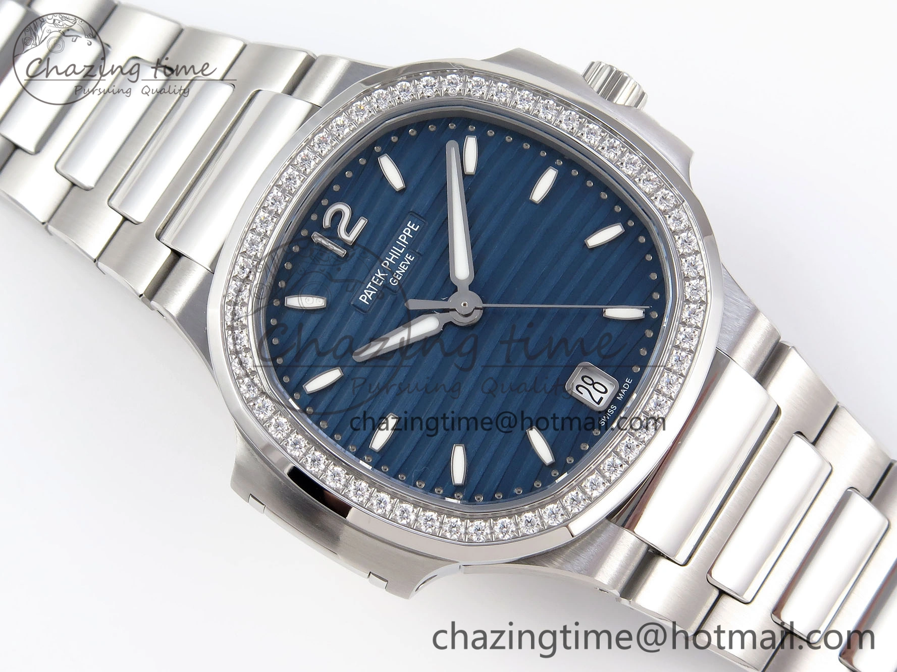 TravelReady NAUTILUS 7118 LADIES SS PPF 1:1 BEST EDITION BLUE DIAL DIAMONDS BEZEL ON SS BRACELET 324CS 8770