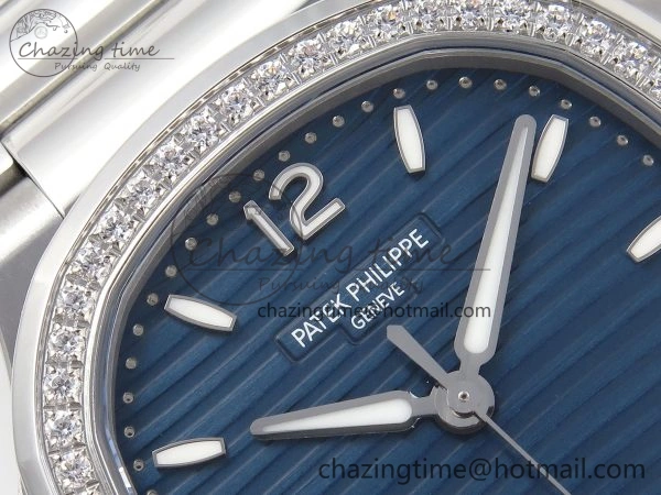 TravelReady NAUTILUS 7118 LADIES SS PPF 1:1 BEST EDITION BLUE DIAL DIAMONDS BEZEL ON SS BRACELET 324CS 8770