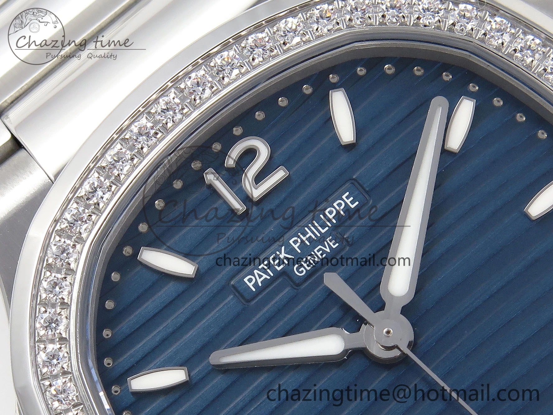 TravelReady NAUTILUS 7118 LADIES SS PPF 1:1 BEST EDITION BLUE DIAL DIAMONDS BEZEL ON SS BRACELET 324CS 8770