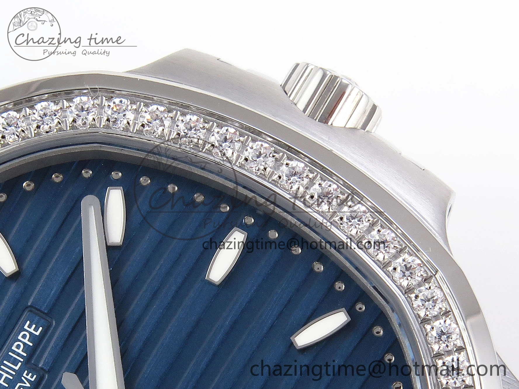 TravelReady NAUTILUS 7118 LADIES SS PPF 1:1 BEST EDITION BLUE DIAL DIAMONDS BEZEL ON SS BRACELET 324CS 8770