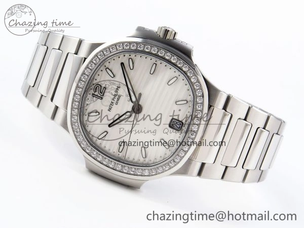 Unique NAUTILUS 7118 LADIES SS PPF 1:1 BEST EDITION WHITE DIAL DIAMONDS BEZEL ON SS BRACELET 324CS 8774