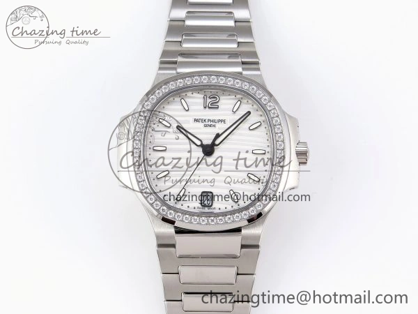 Unique NAUTILUS 7118 LADIES SS PPF 1:1 BEST EDITION WHITE DIAL DIAMONDS BEZEL ON SS BRACELET 324CS 8774