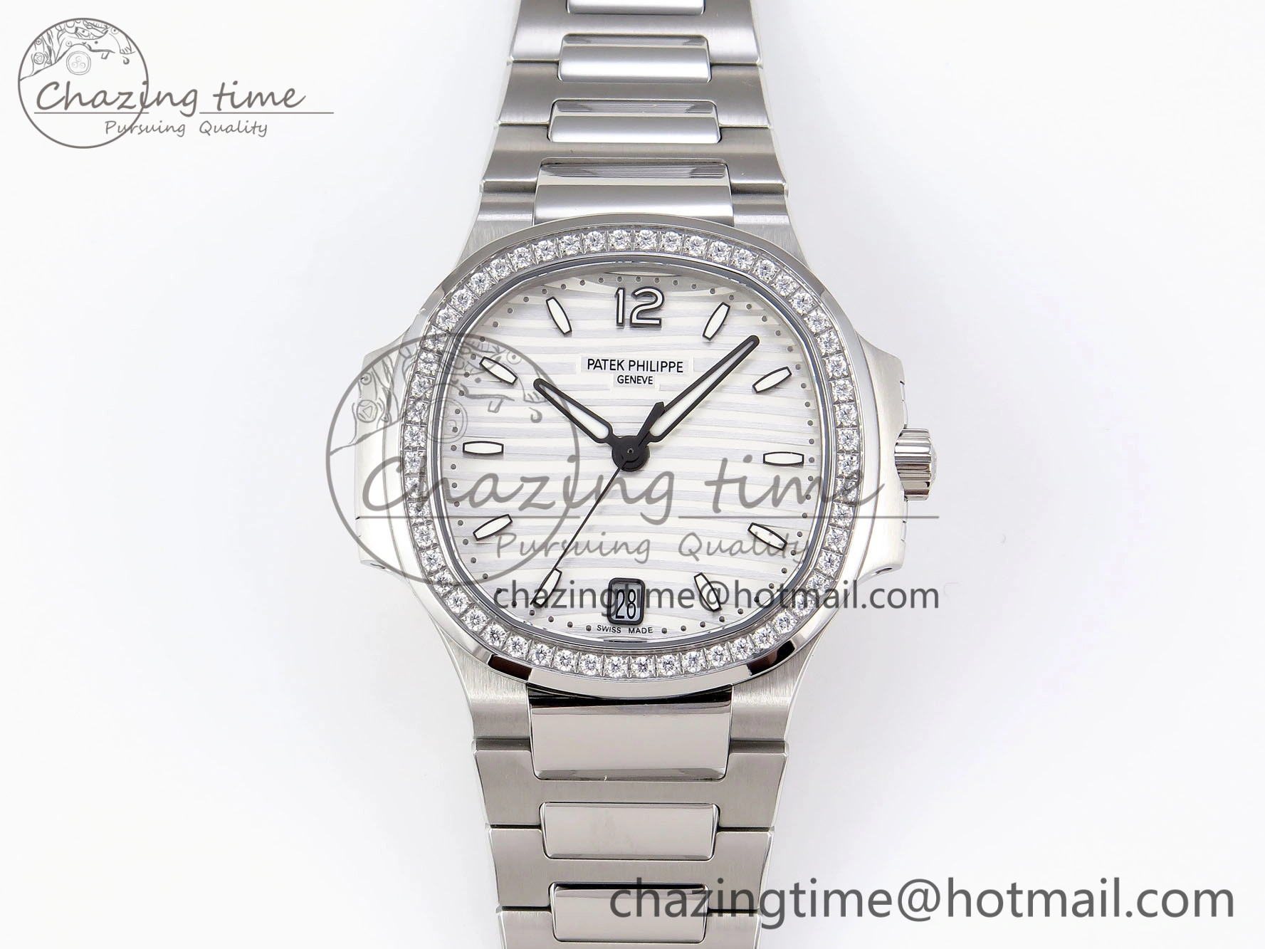 Unique NAUTILUS 7118 LADIES SS PPF 1:1 BEST EDITION WHITE DIAL DIAMONDS BEZEL ON SS BRACELET 324CS 8774