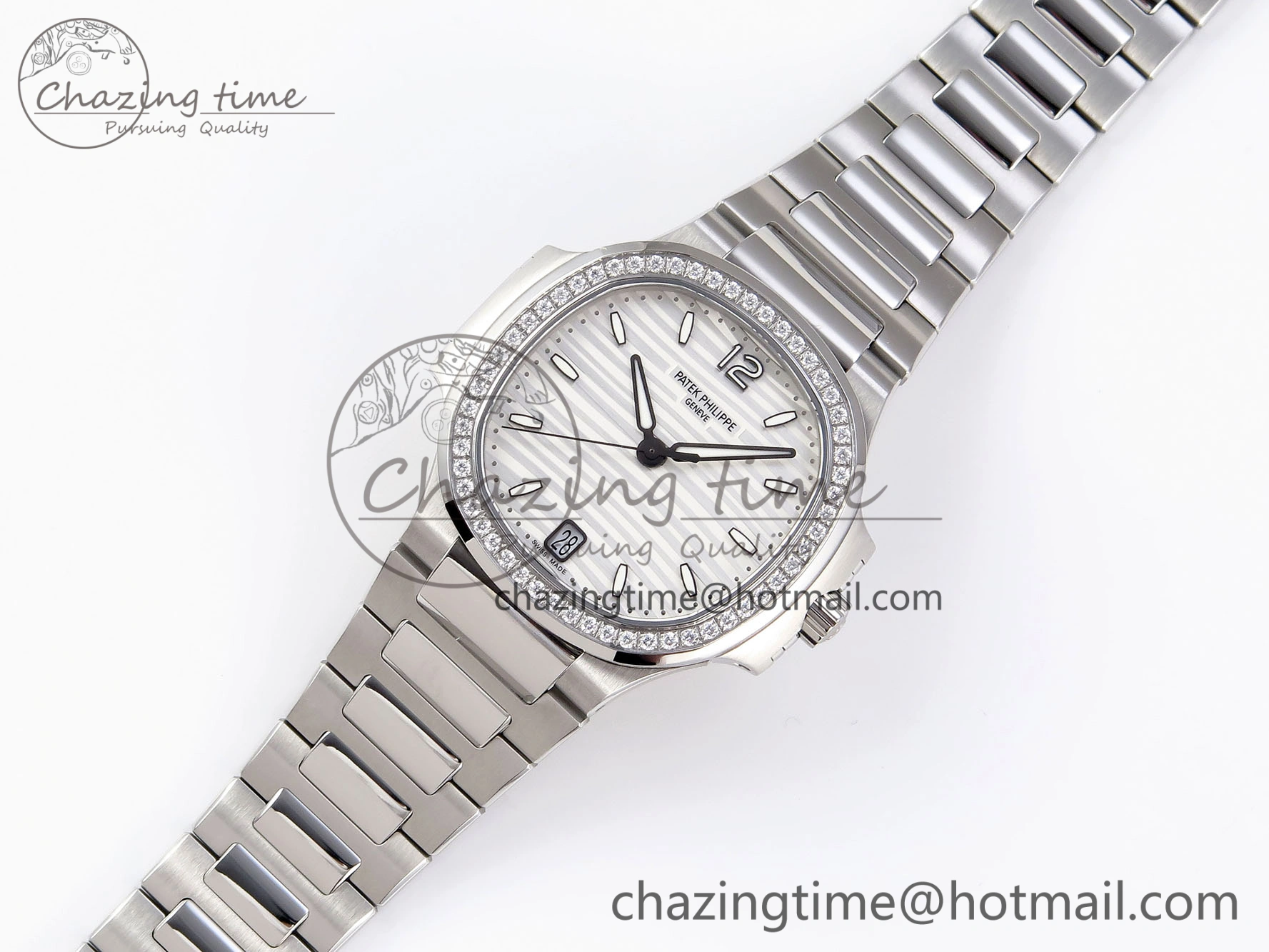 Unique NAUTILUS 7118 LADIES SS PPF 1:1 BEST EDITION WHITE DIAL DIAMONDS BEZEL ON SS BRACELET 324CS 8774