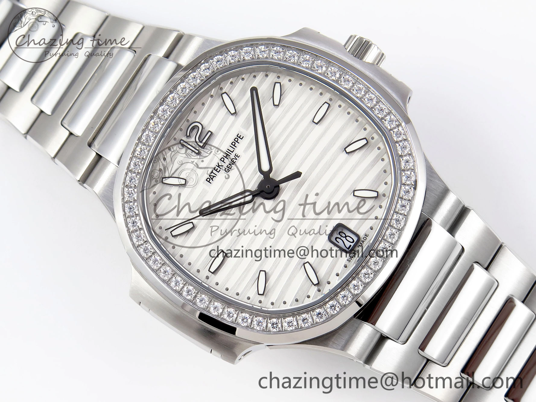 Unique NAUTILUS 7118 LADIES SS PPF 1:1 BEST EDITION WHITE DIAL DIAMONDS BEZEL ON SS BRACELET 324CS 8774