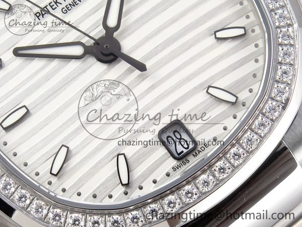 Unique NAUTILUS 7118 LADIES SS PPF 1:1 BEST EDITION WHITE DIAL DIAMONDS BEZEL ON SS BRACELET 324CS 8774
