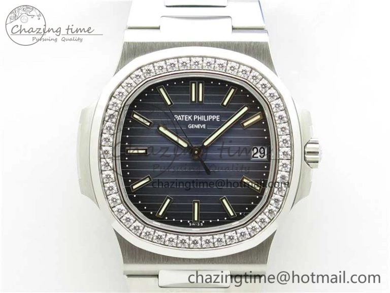 WaterResistant Nautilus 5711 1A PPF 1:1 Best Edition Blue Dial Diamonds Bezel on SS Bracelet 324CS (Free box) V 8918