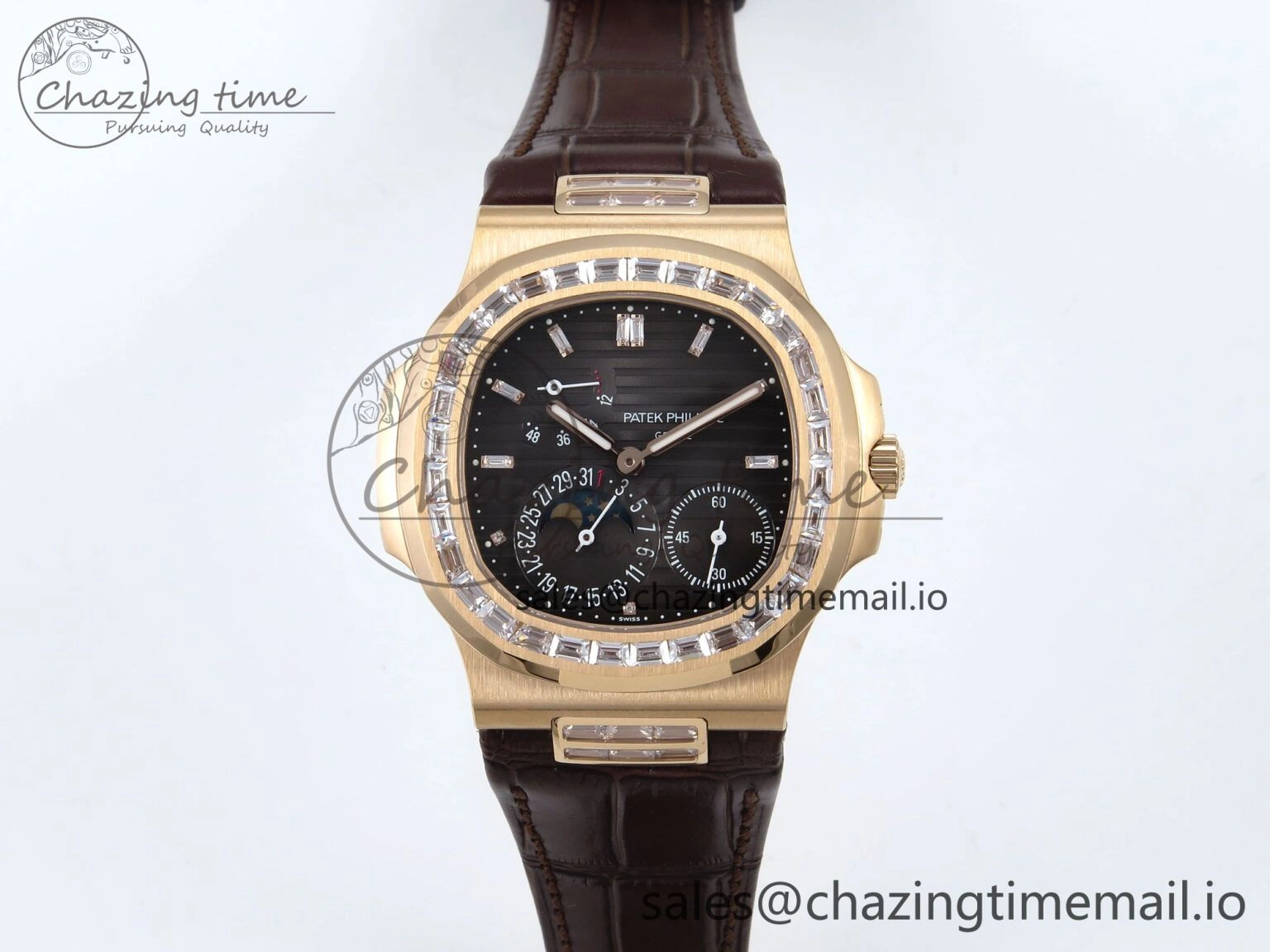 Nautilus 5712 RG PPF 1:1 Best Edition Gray Dial Diamonds Bezel on Brown Leather Strap A240 Super Clone V BestValue 8675