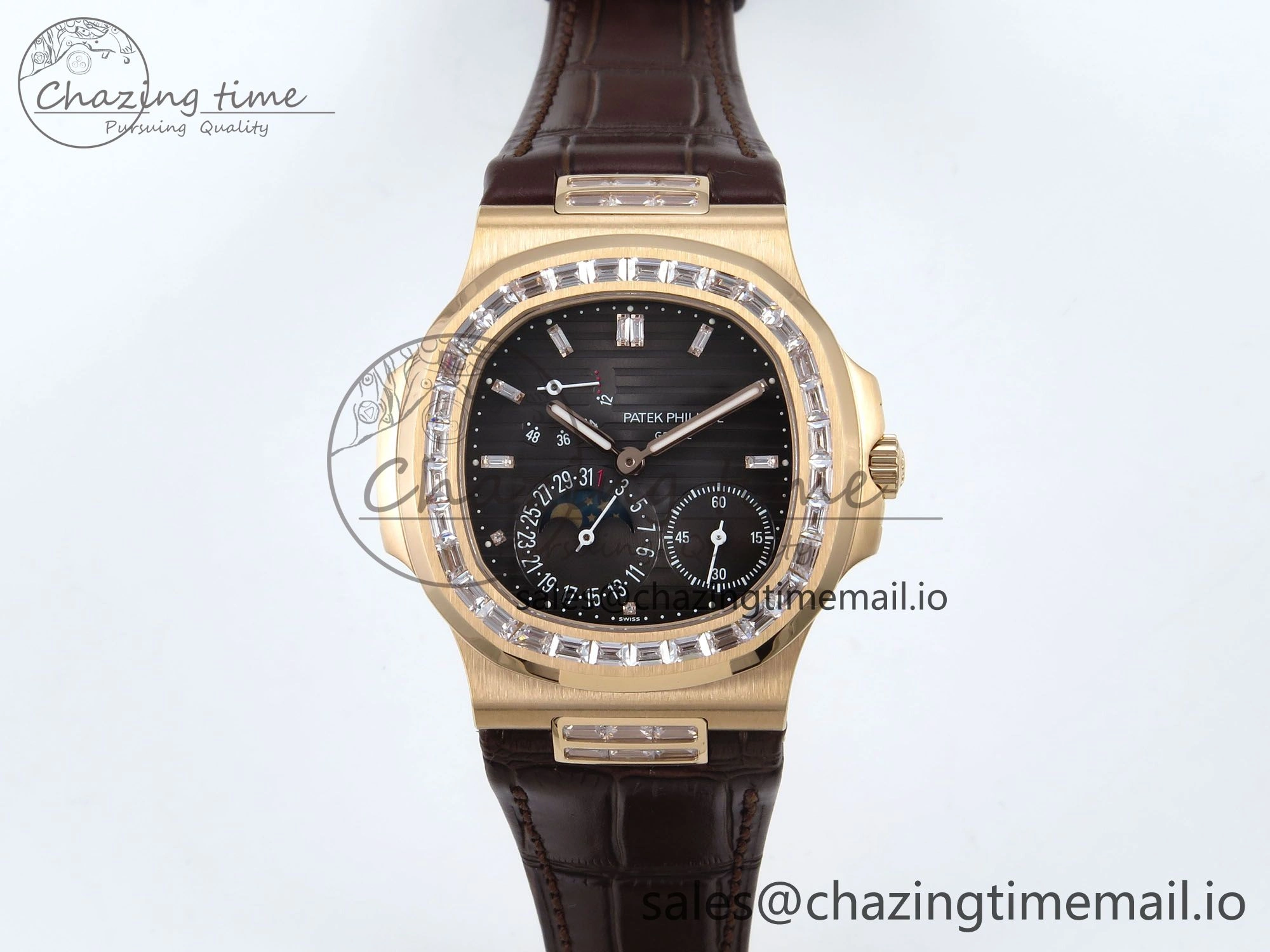 Nautilus 5712 RG PPF 1:1 Best Edition Gray Dial Diamonds Bezel on Brown Leather Strap A240 Super Clone V BestValue 8675