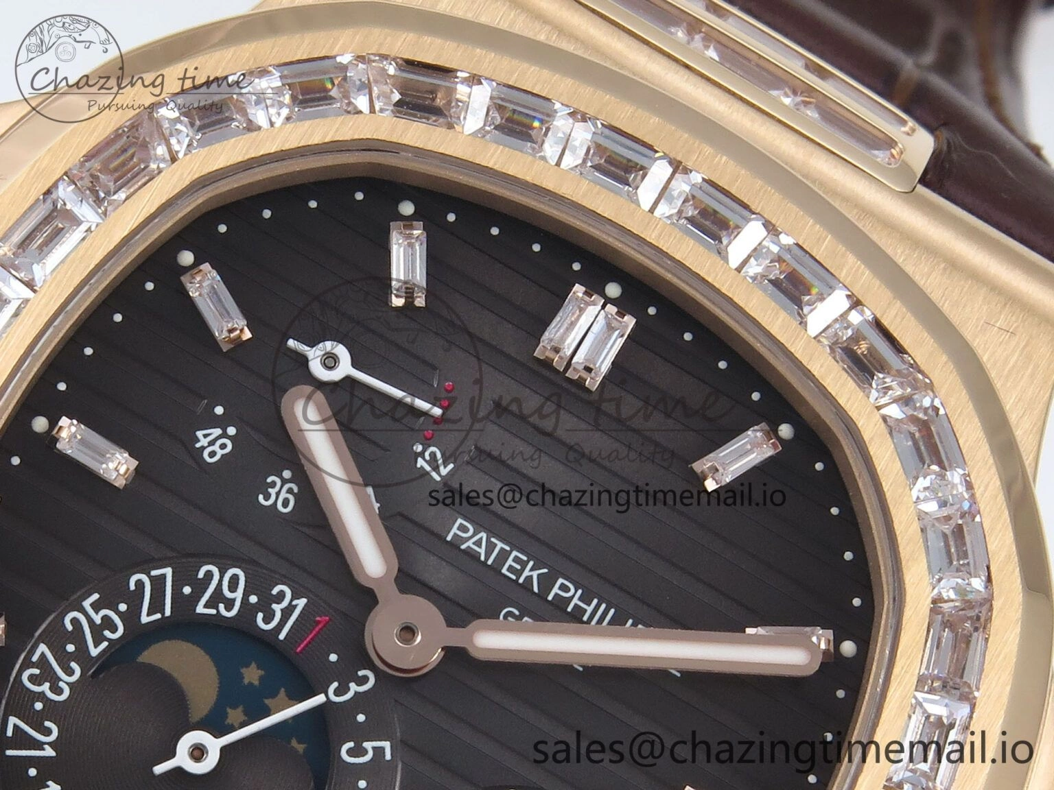Nautilus 5712 RG PPF 1:1 Best Edition Gray Dial Diamonds Bezel on Brown Leather Strap A240 Super Clone V BestValue 8675
