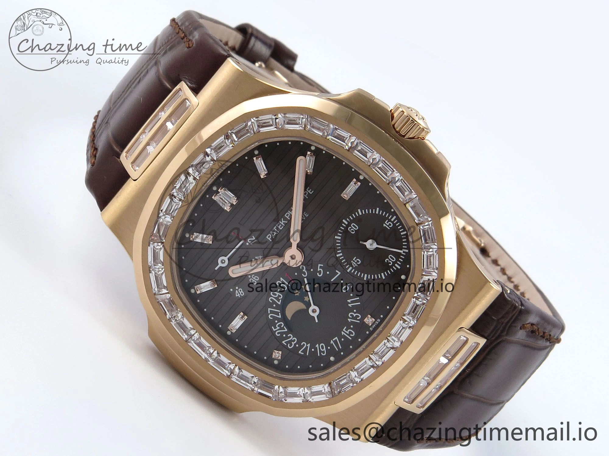 Nautilus 5712 RG PPF 1:1 Best Edition Gray Dial Diamonds Bezel on Brown Leather Strap A240 Super Clone V BestValue 8675