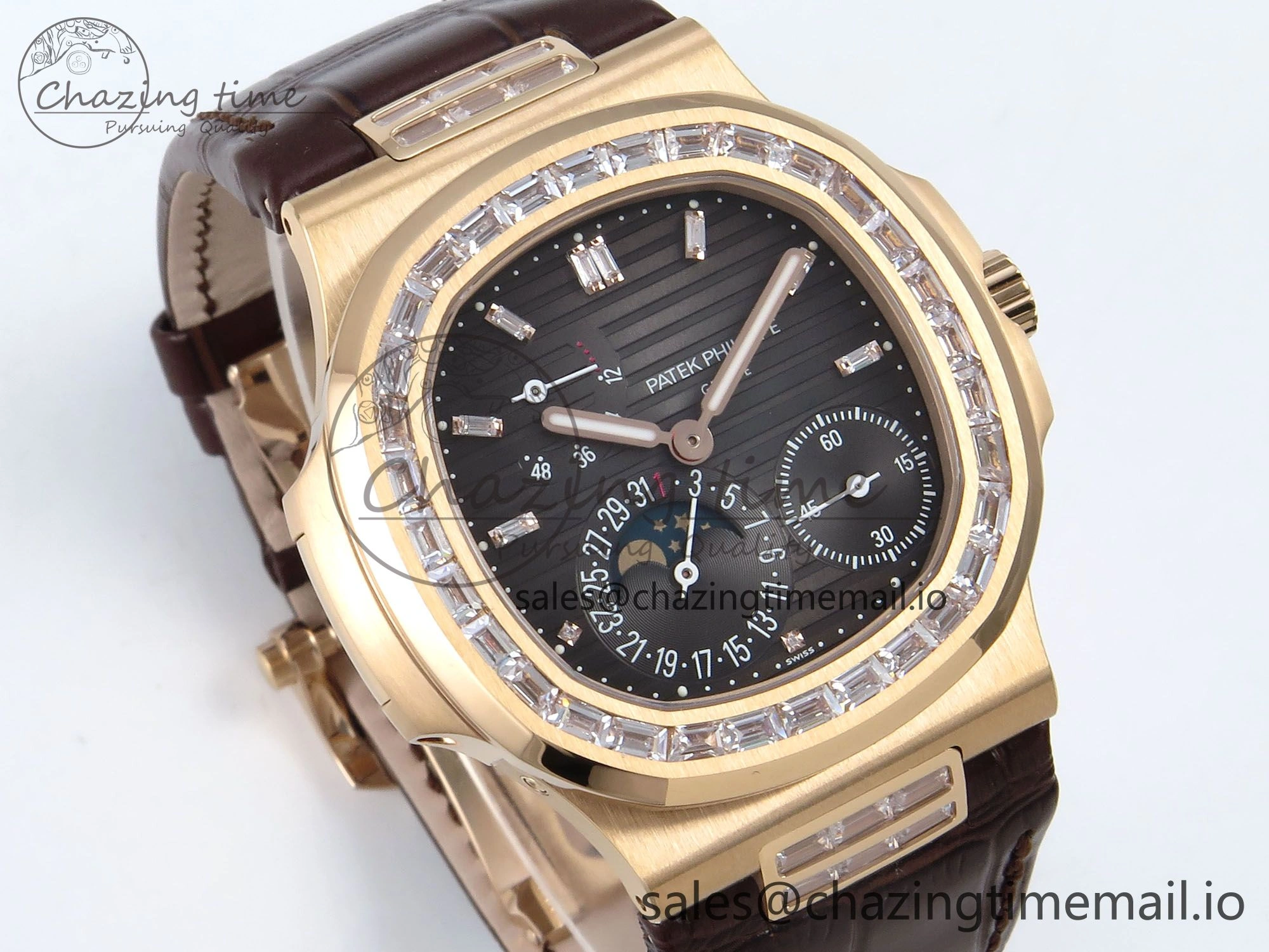Nautilus 5712 RG PPF 1:1 Best Edition Gray Dial Diamonds Bezel on Brown Leather Strap A240 Super Clone V BestValue 8675