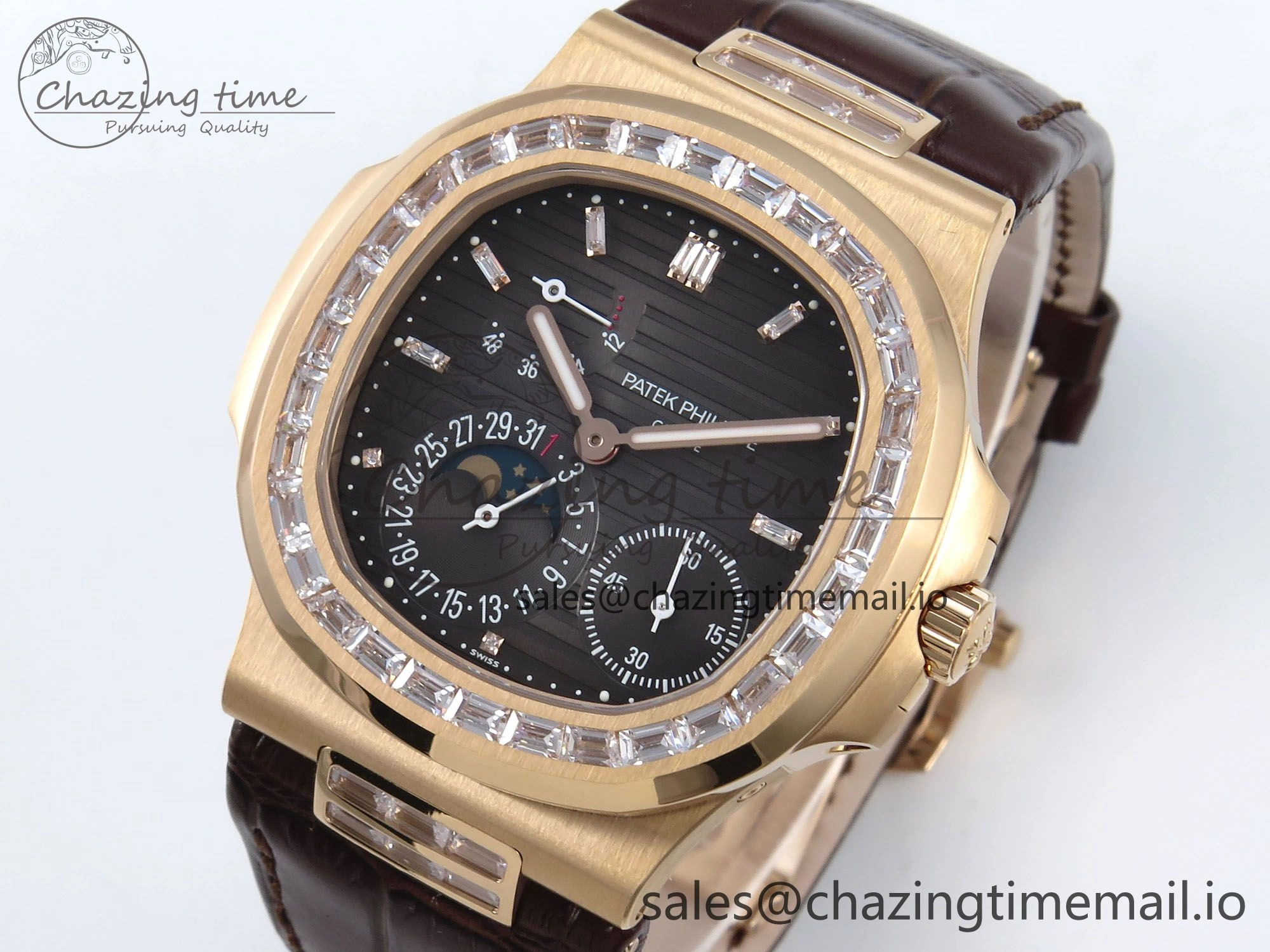 Nautilus 5712 RG PPF 1:1 Best Edition Gray Dial Diamonds Bezel on Brown Leather Strap A240 Super Clone V BestValue 8675