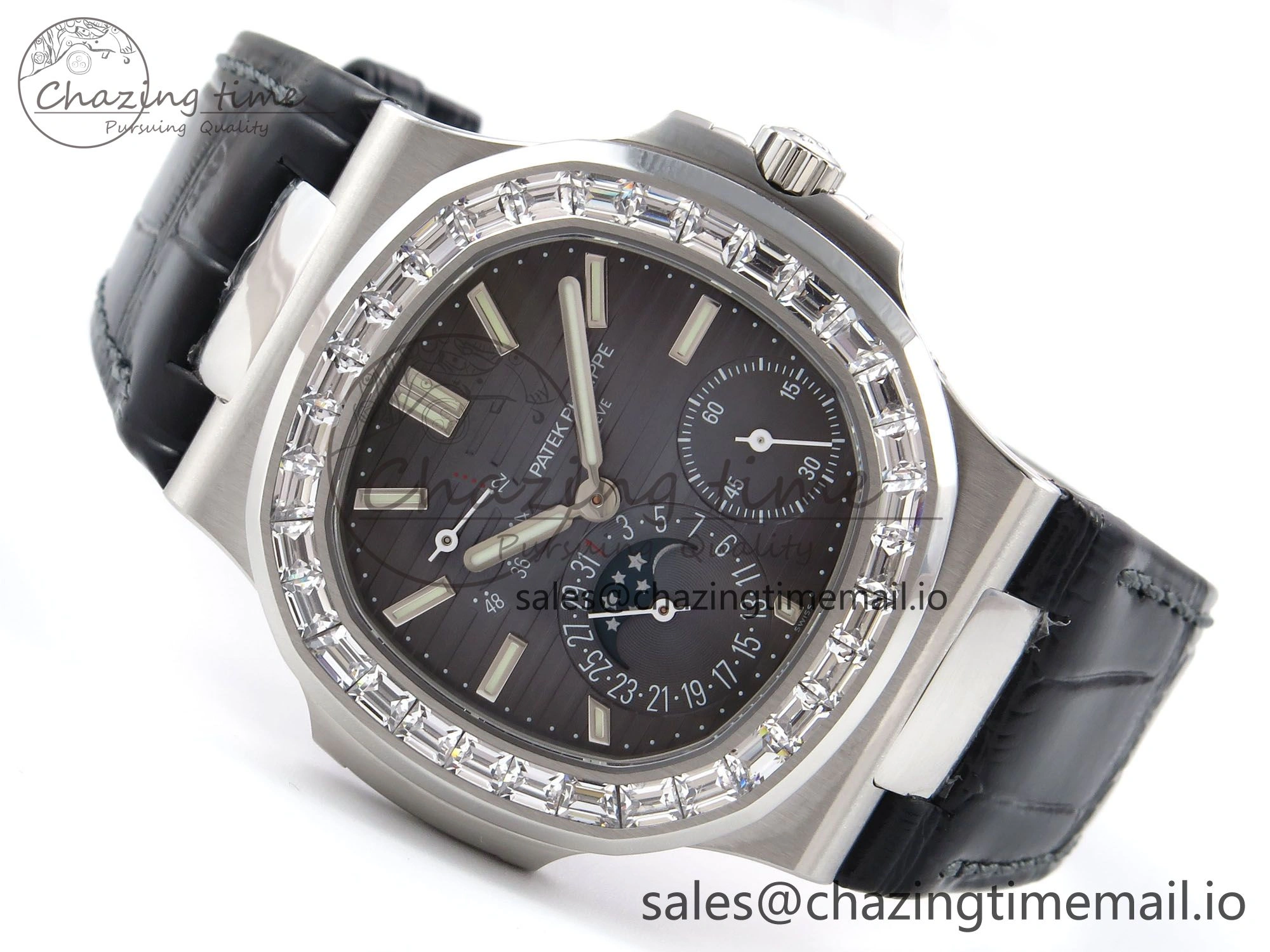 Nautilus 5712 SS PPF 1:1 Best Edition Blue Dial Diamonds Bezel on Black Leather Strap A240 Super Clone V MultiPurpose 8695