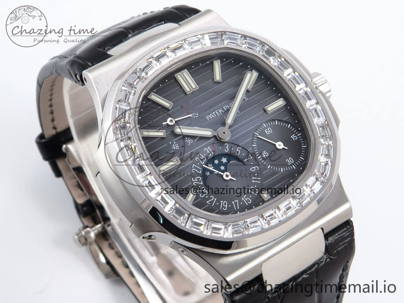 Nautilus 5712 SS PPF 1:1 Best Edition Blue Dial Diamonds Bezel on Black Leather Strap A240 Super Clone V MultiPurpose 8695