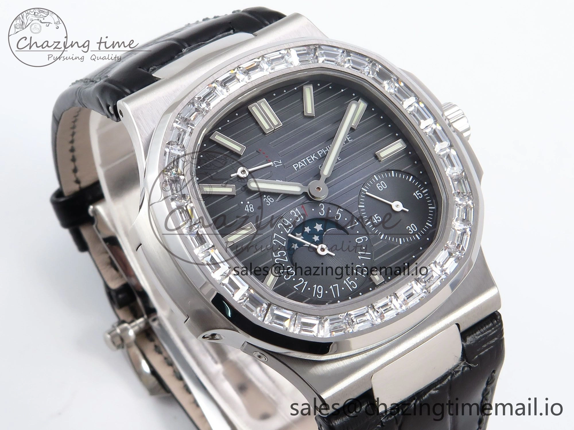 Nautilus 5712 SS PPF 1:1 Best Edition Blue Dial Diamonds Bezel on Black Leather Strap A240 Super Clone V MultiPurpose 8695