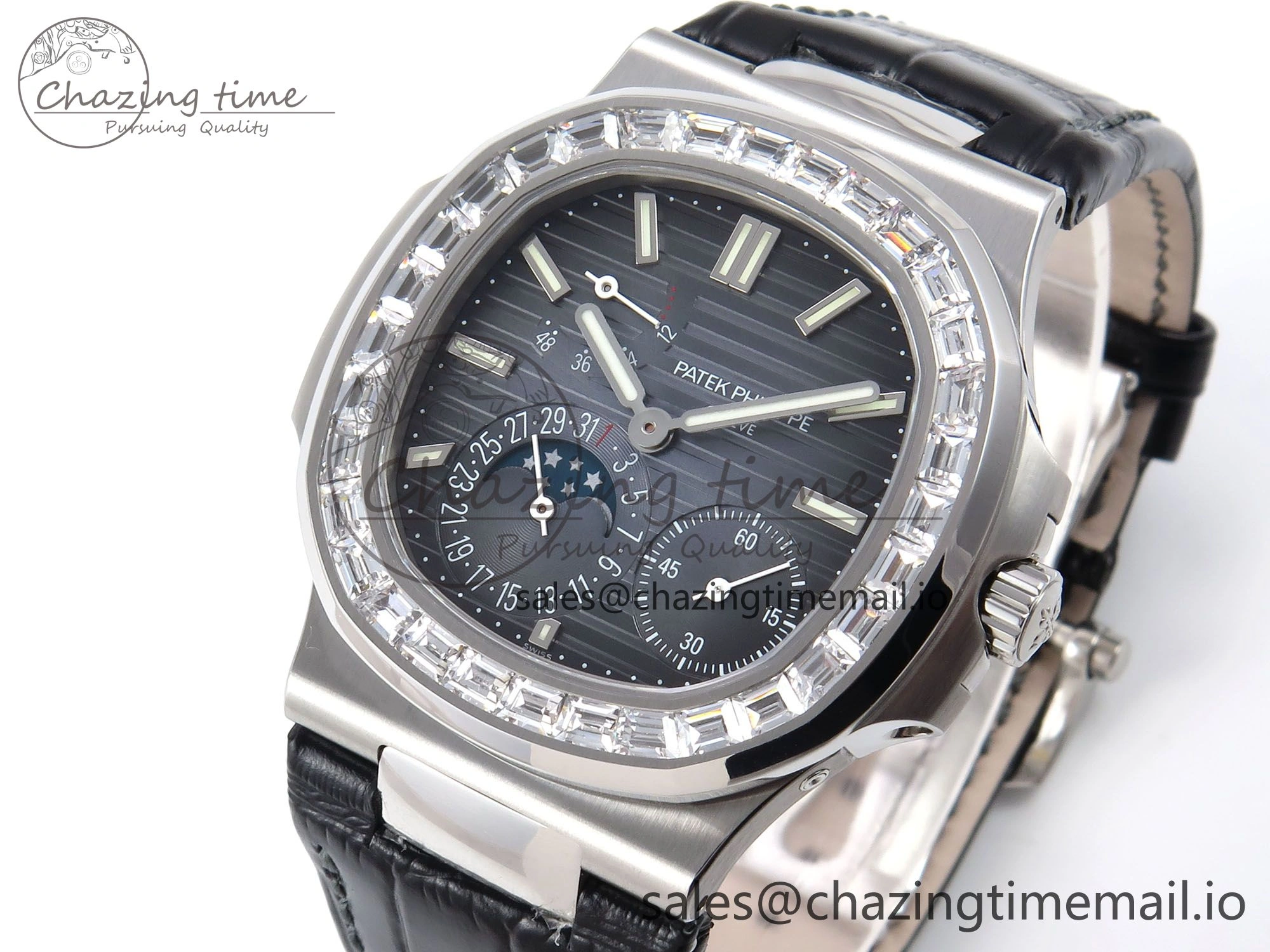 Nautilus 5712 SS PPF 1:1 Best Edition Blue Dial Diamonds Bezel on Black Leather Strap A240 Super Clone V MultiPurpose 8695