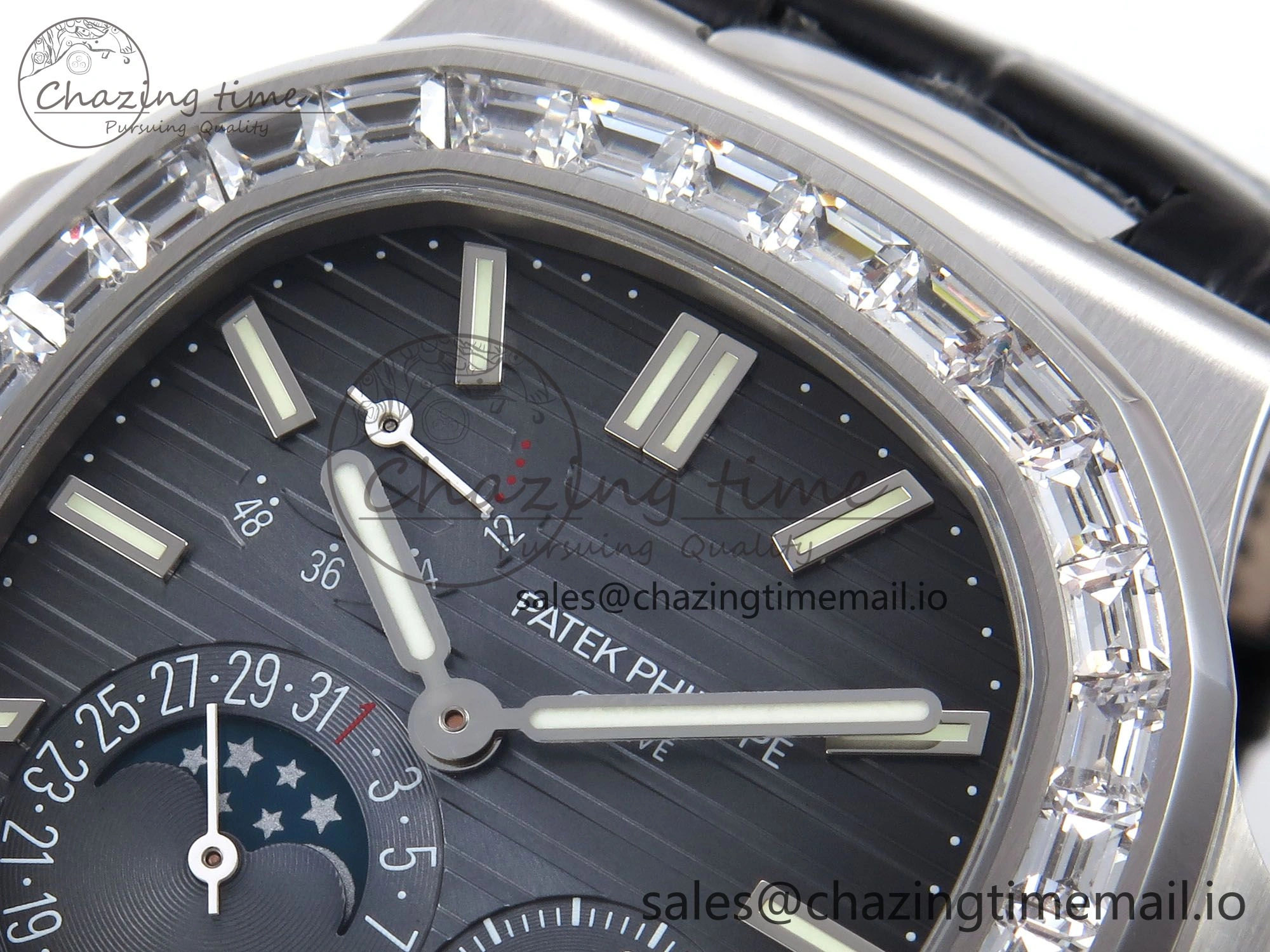 Nautilus 5712 SS PPF 1:1 Best Edition Blue Dial Diamonds Bezel on Black Leather Strap A240 Super Clone V MultiPurpose 8695