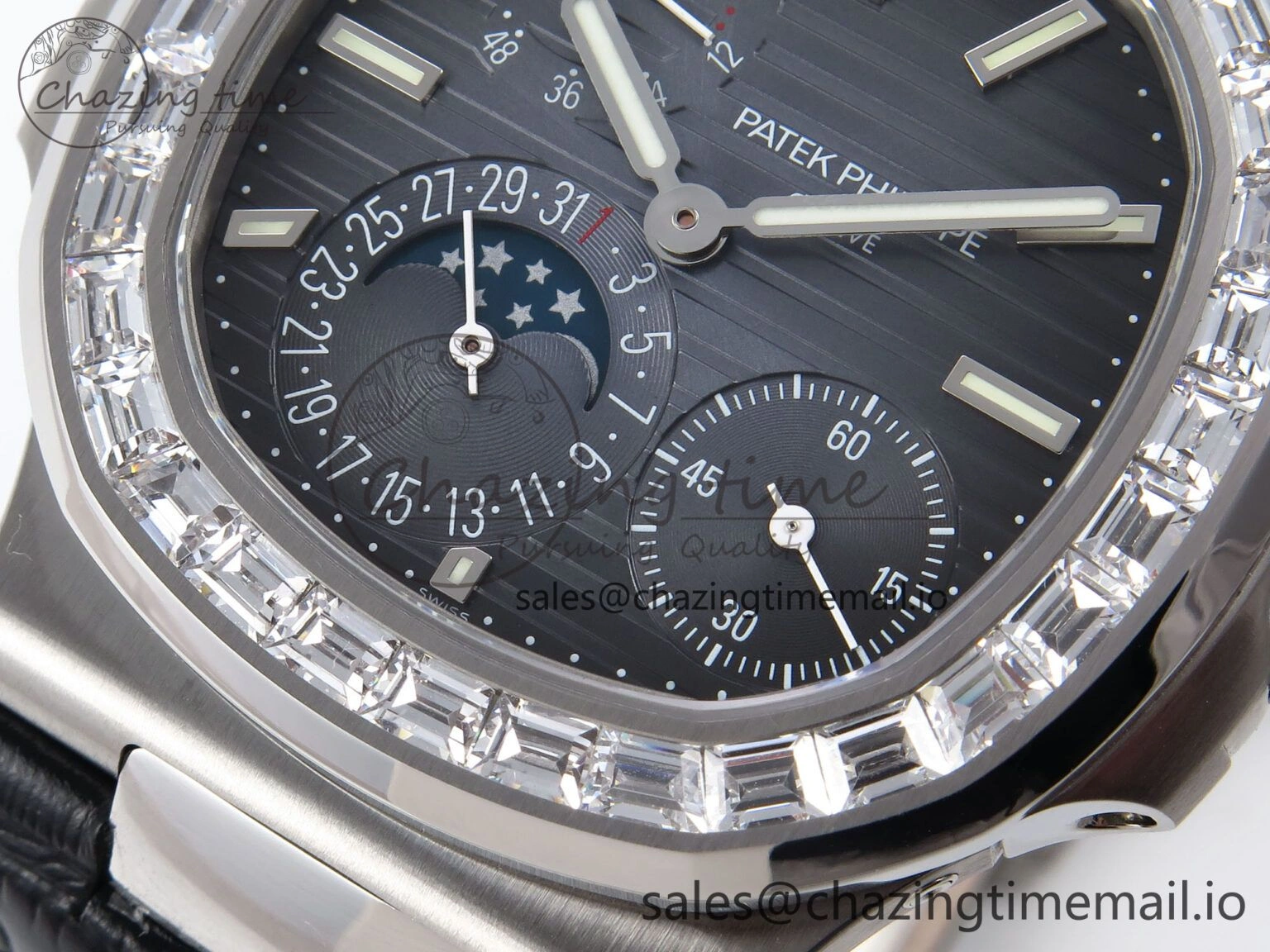 Nautilus 5712 SS PPF 1:1 Best Edition Blue Dial Diamonds Bezel on Black Leather Strap A240 Super Clone V MultiPurpose 8695