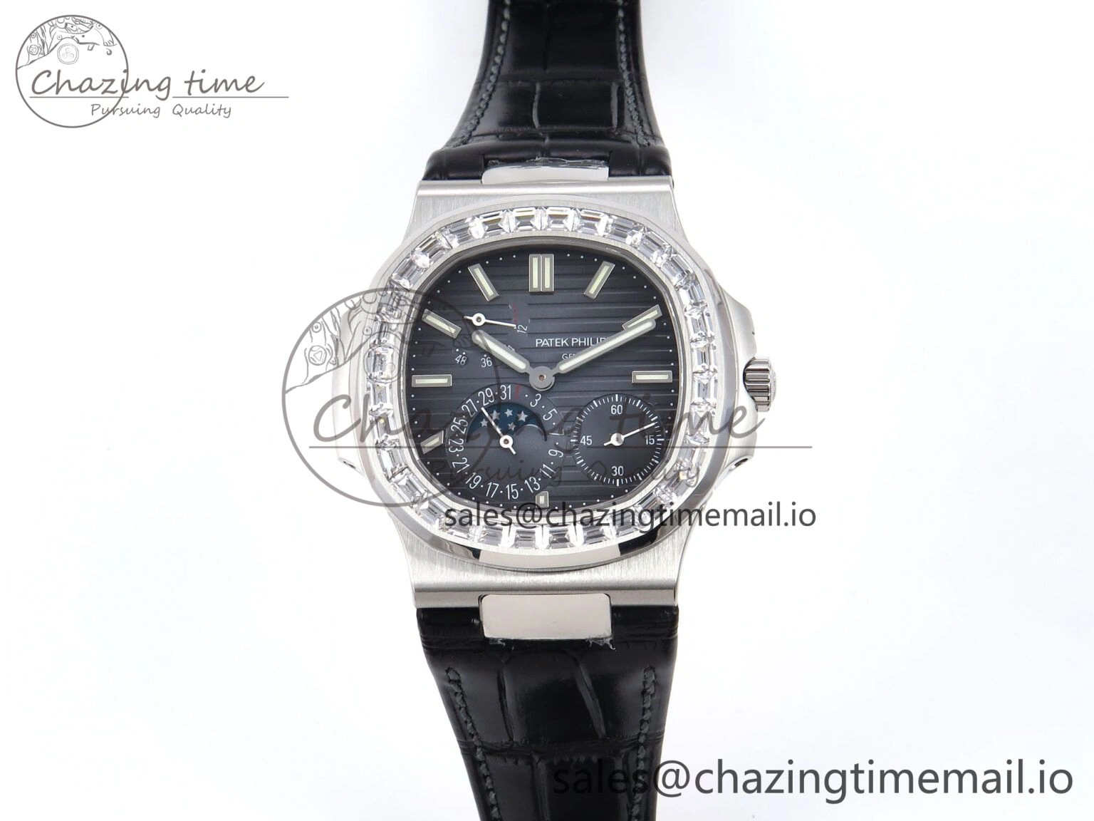 Nautilus 5712 SS PPF 1:1 Best Edition Blue Dial Diamonds Bezel on Black Leather Strap A240 Super Clone V MultiPurpose 8695