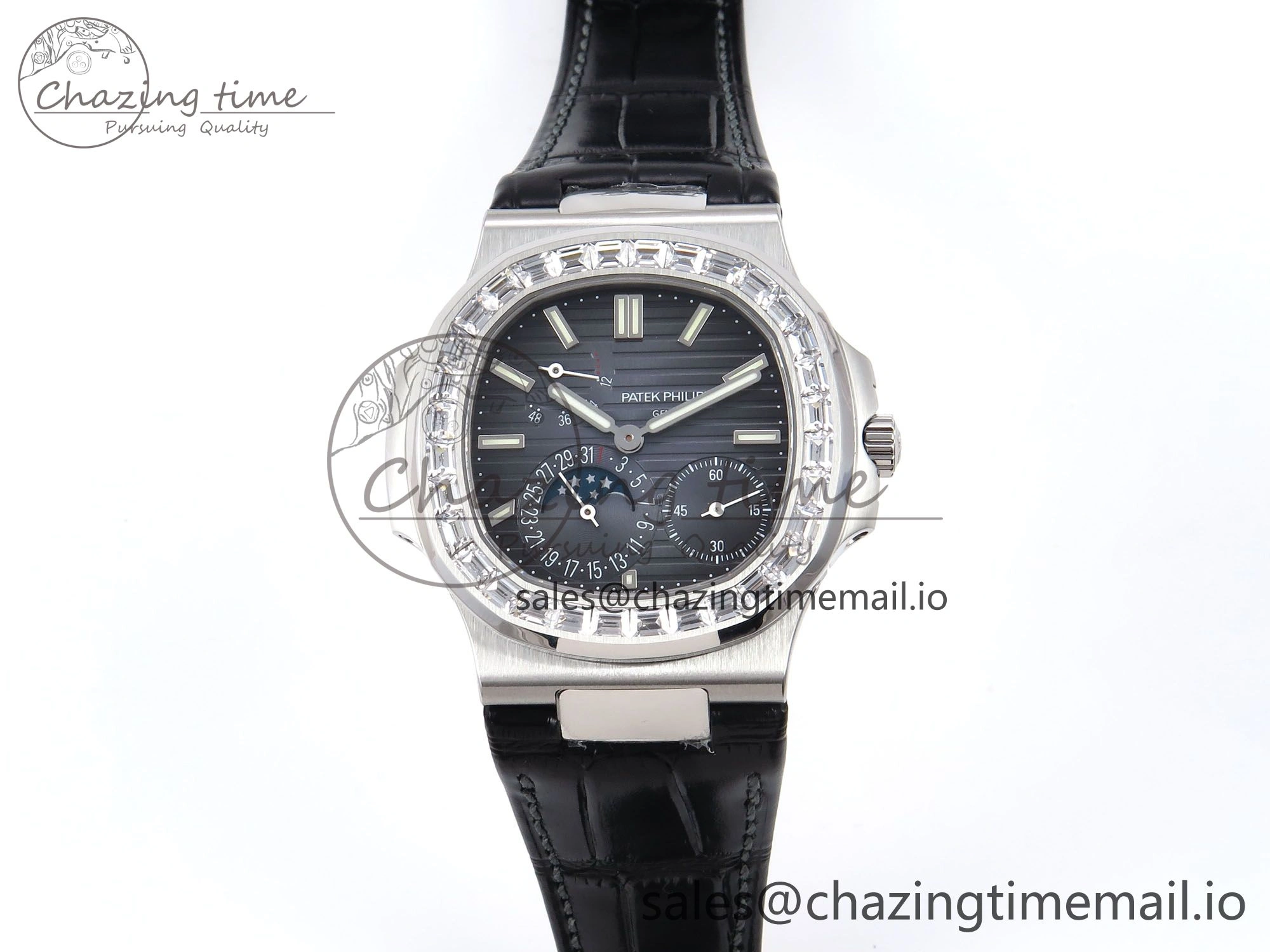 Nautilus 5712 SS PPF 1:1 Best Edition Blue Dial Diamonds Bezel on Black Leather Strap A240 Super Clone V MultiPurpose 8695