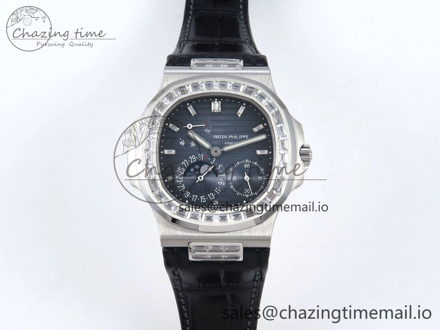 BestValue Nautilus 5712 SS PPF 1:1 Best Edition Blue Dial Diamonds Bezel on Black Leather Strap A240 Super Clone V 8674