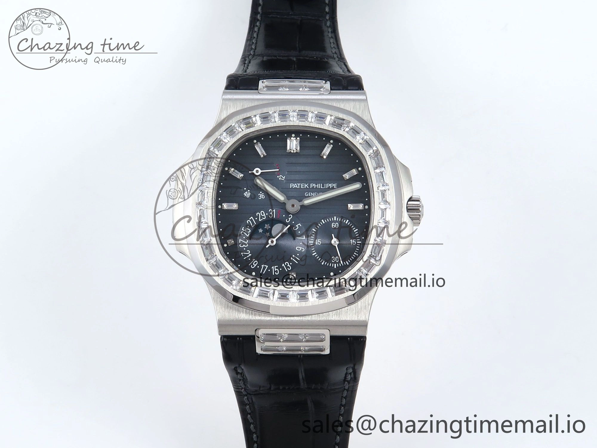 BestValue Nautilus 5712 SS PPF 1:1 Best Edition Blue Dial Diamonds Bezel on Black Leather Strap A240 Super Clone V 8674