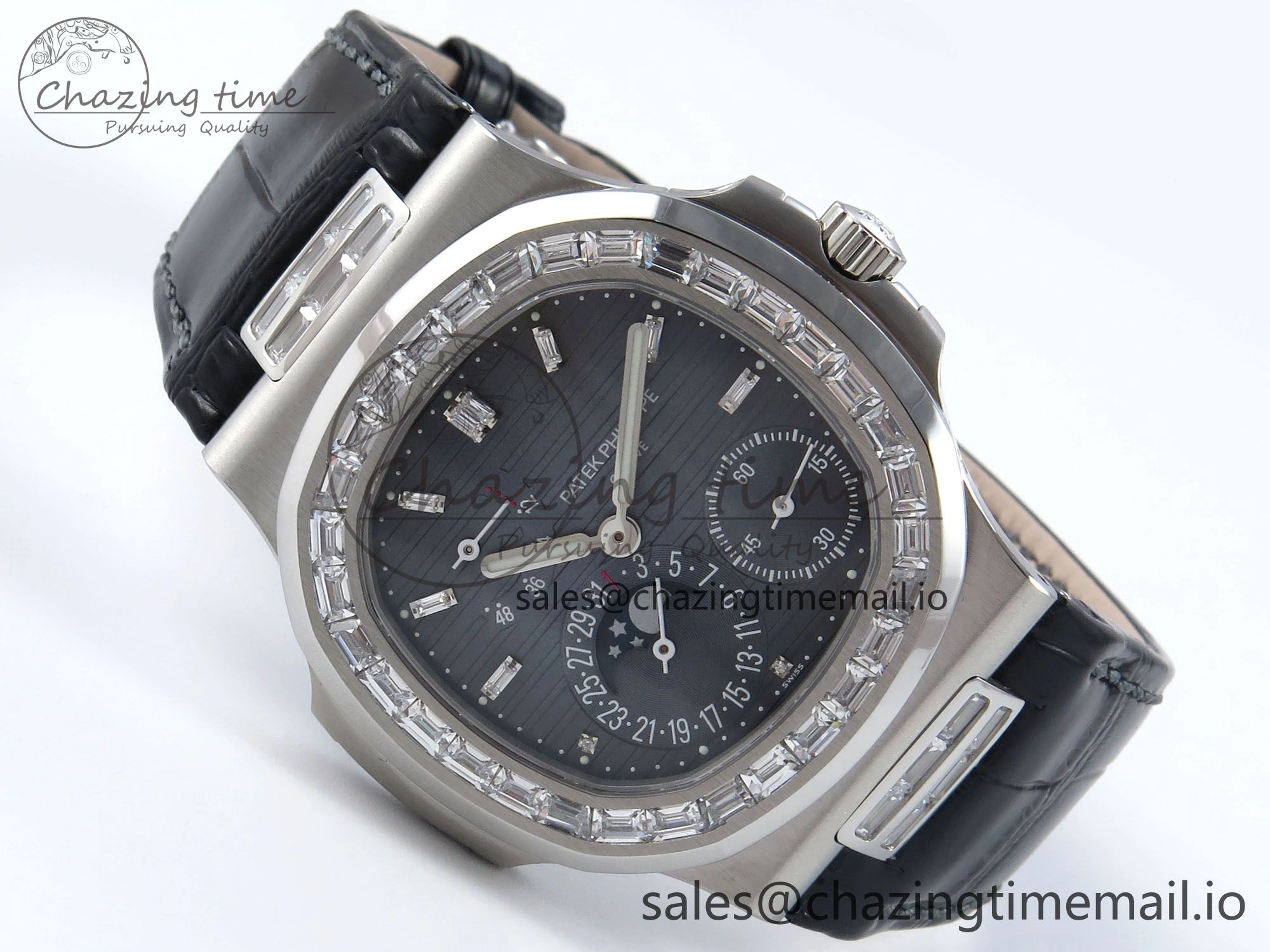 BestValue Nautilus 5712 SS PPF 1:1 Best Edition Blue Dial Diamonds Bezel on Black Leather Strap A240 Super Clone V 8674