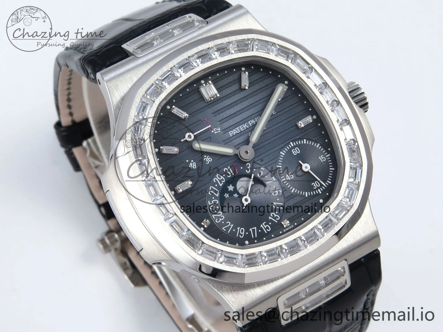 BestValue Nautilus 5712 SS PPF 1:1 Best Edition Blue Dial Diamonds Bezel on Black Leather Strap A240 Super Clone V 8674