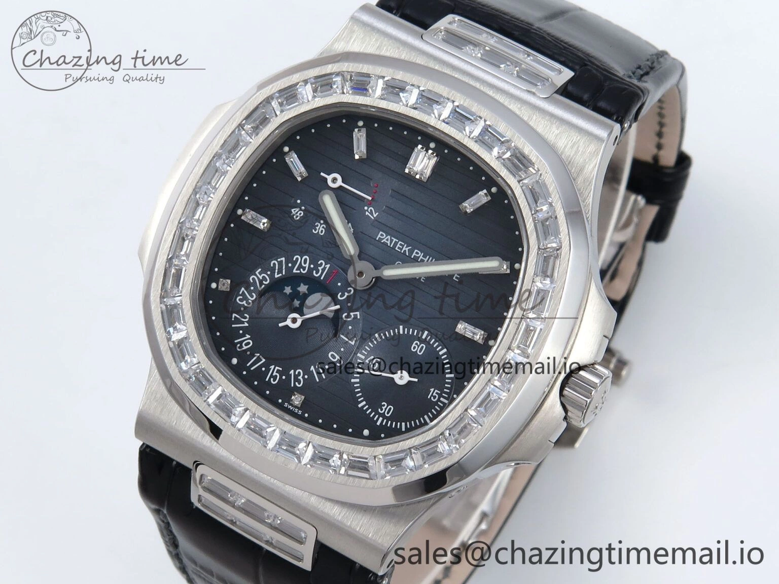 BestValue Nautilus 5712 SS PPF 1:1 Best Edition Blue Dial Diamonds Bezel on Black Leather Strap A240 Super Clone V 8674