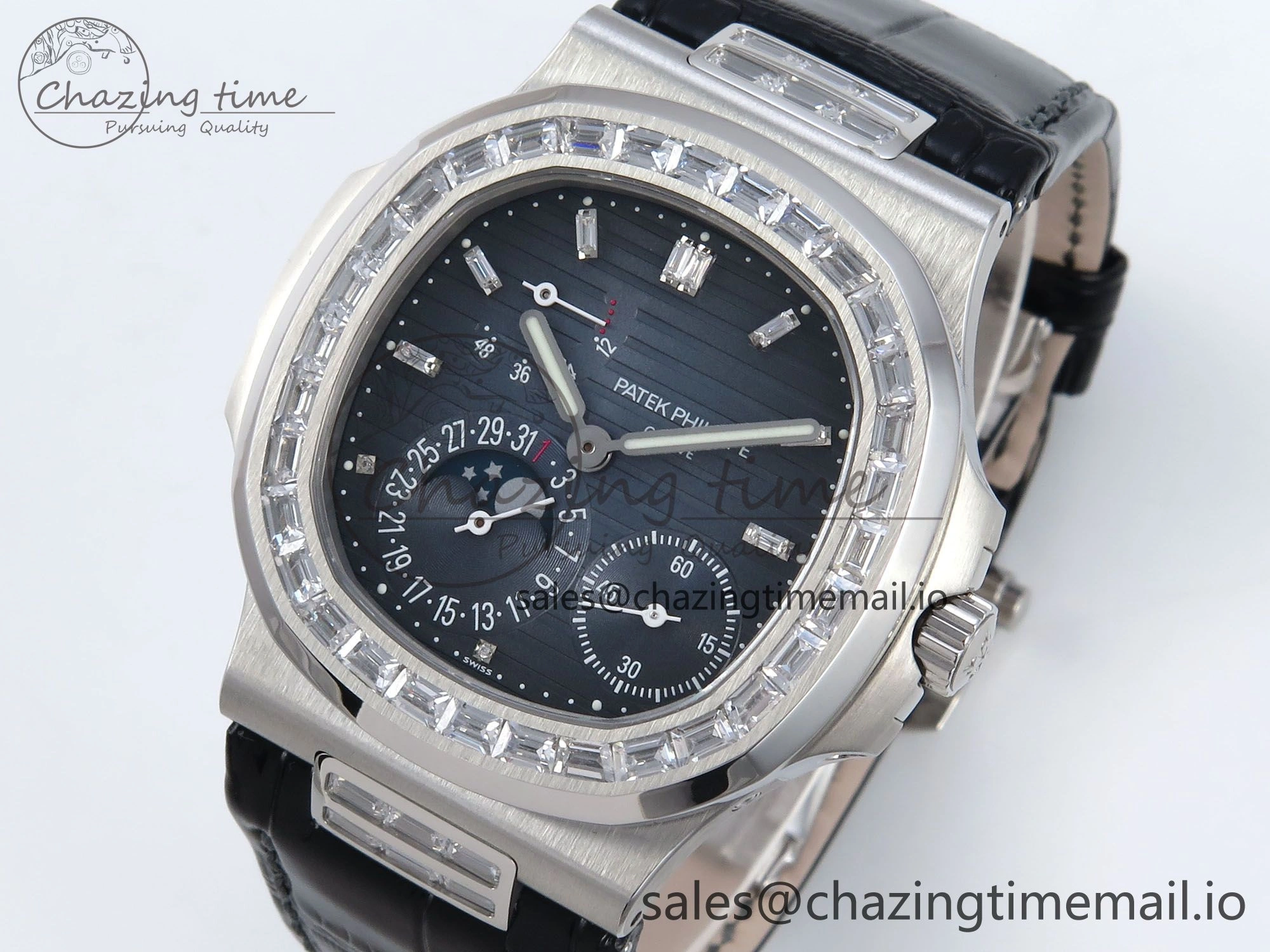 BestValue Nautilus 5712 SS PPF 1:1 Best Edition Blue Dial Diamonds Bezel on Black Leather Strap A240 Super Clone V 8674