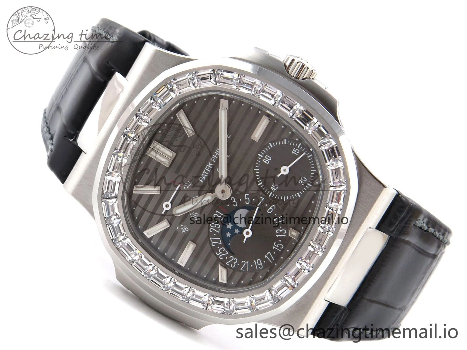 Stylish Nautilus 5712 SS PPF 1:1 Best Edition Gray Dial Diamonds Bezel on Black Leather Strap A240 Super Clone V 8698